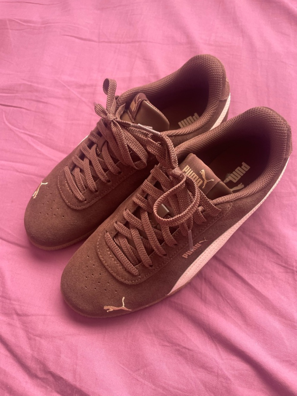 Puma Brown Suede Sneakers with Pink Formstrip